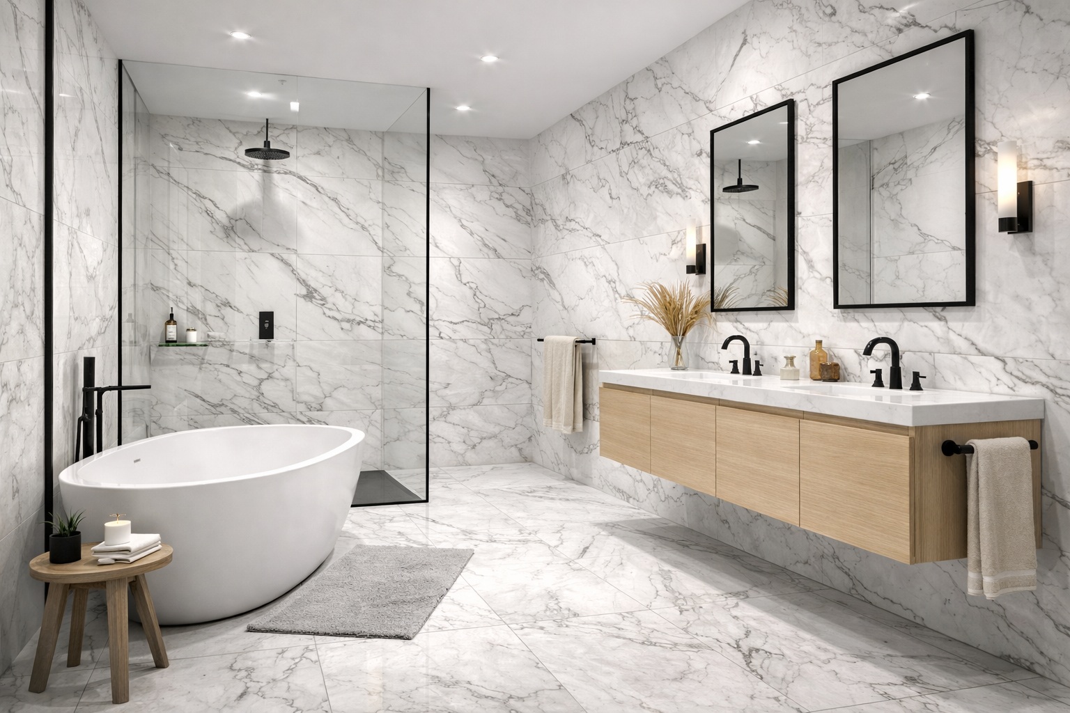 Modern bathroom with large-format marble-look porcelain tiles, freestanding bathtub, glass shower, and double vanity.