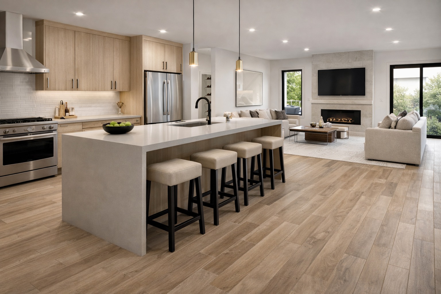 Modern open-concept kitchen and living room with large-format wood-look porcelain tile flooring and kitchen island