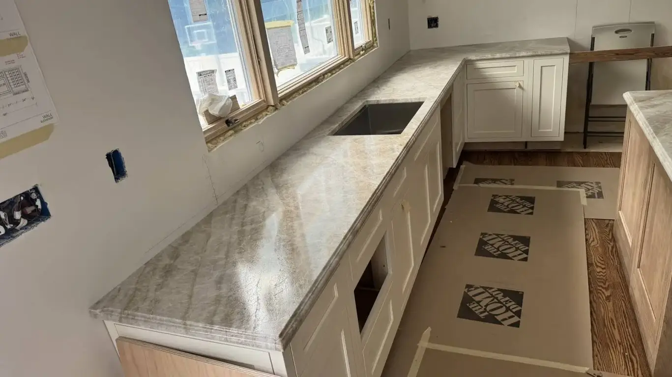 Taj Mahal Leathered Countertop Installation in Progress