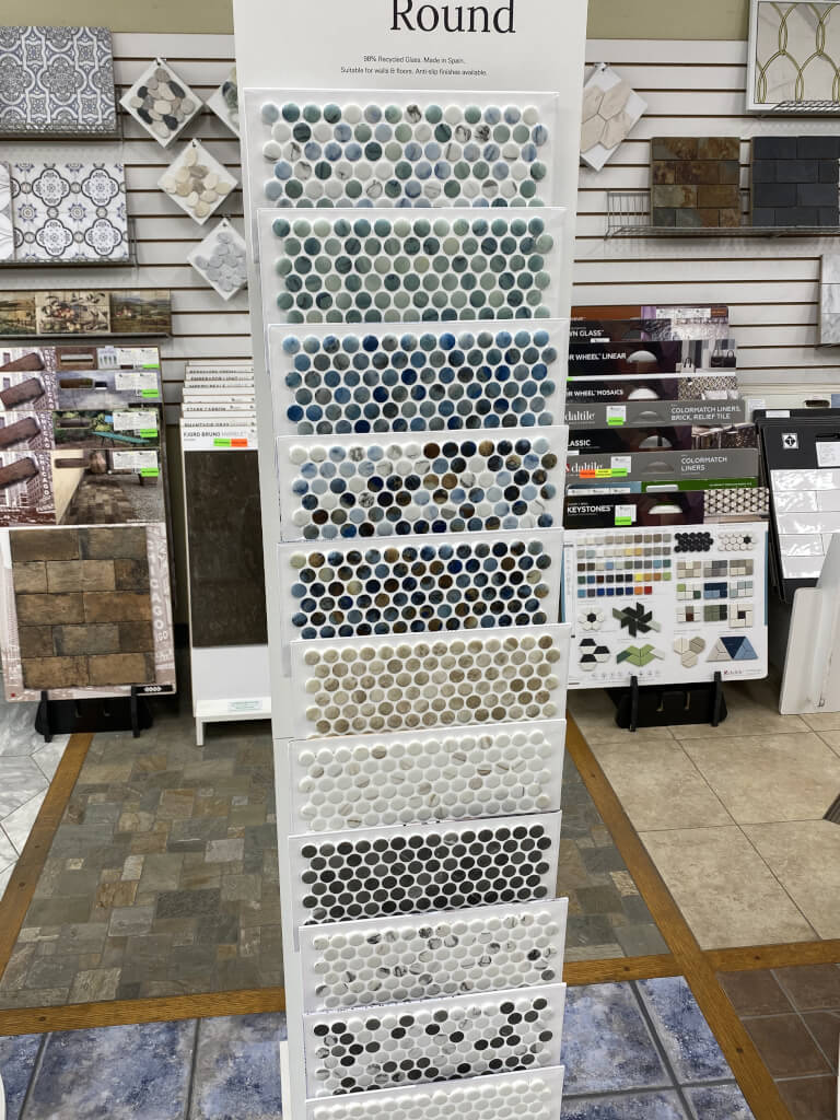 Mosaic tile sample display in showroom